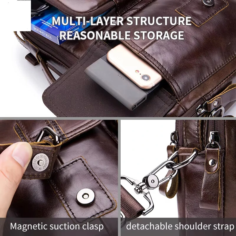(image for) BULLCAPTAIN Genuine Leather Mens Shoulder Bag Business Crossbody Bag Male Briefcase Messenger Bag Men's Casual Handbags Vintage Flap Clutch Purse Tote